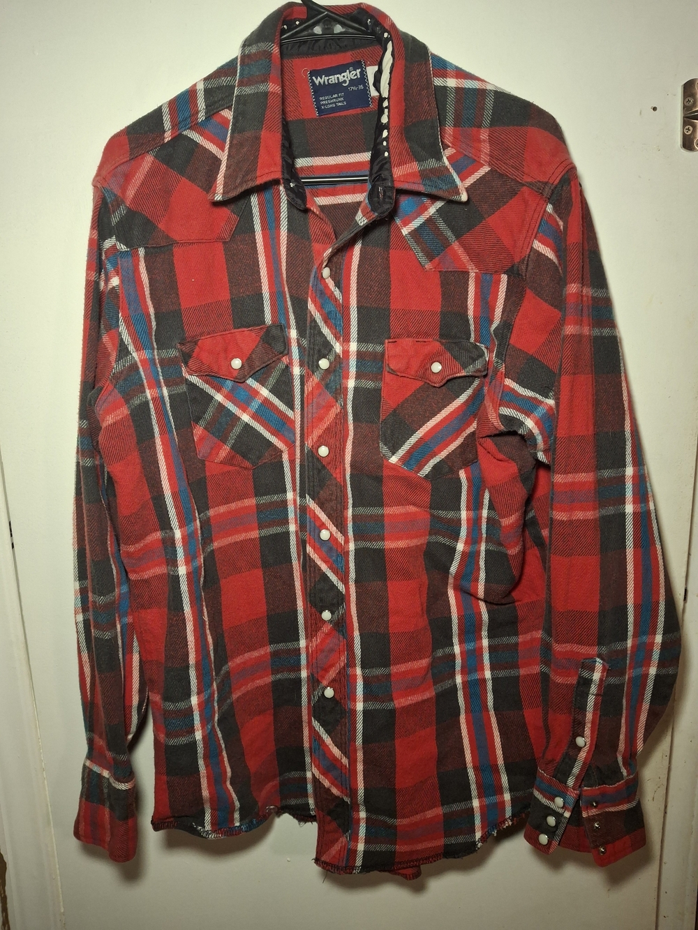 Wrangler Red and Black Plaid Flannel Shirt with Blue Accents